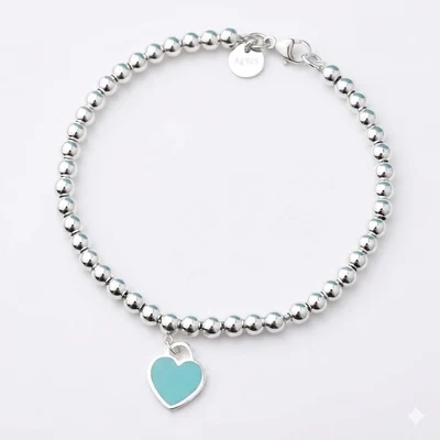 Pulsera de Cuentas con Corazón Esmalte Azul en Plata 925