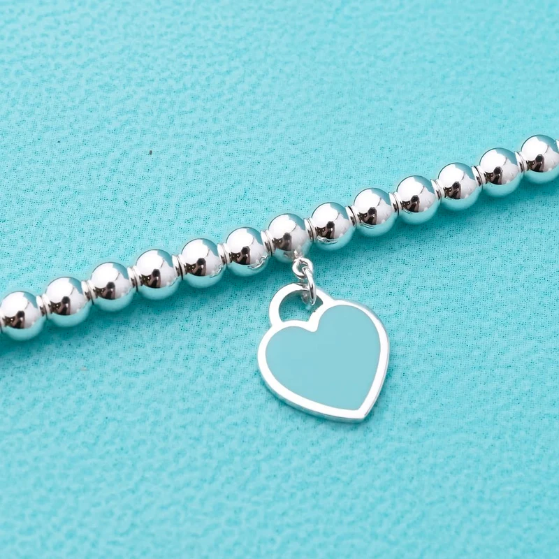Pulsera de Cuentas con Corazón Esmalte Azul en Plata 925