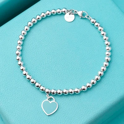 Pulsera de Cuentas con Corazón Esmalte Azul en Plata 925