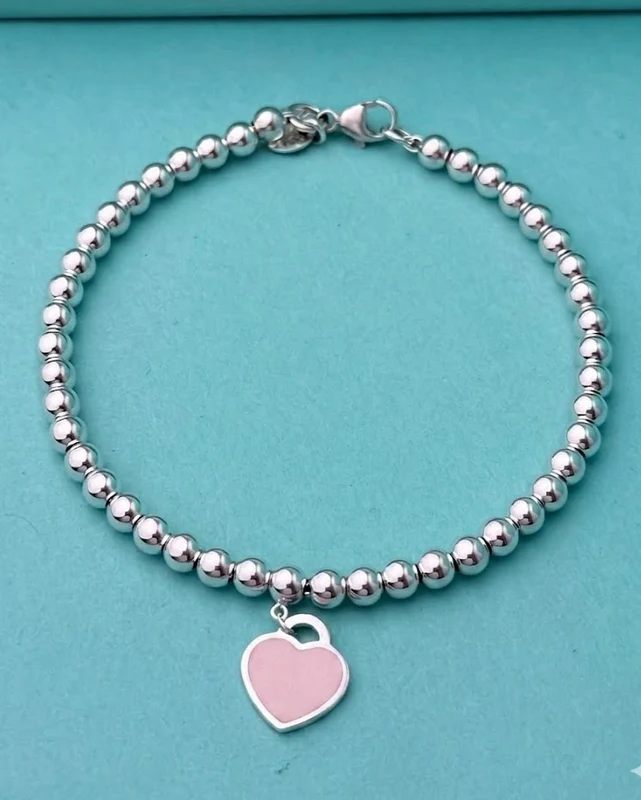 Pulsera de Cuentas con Corazón Esmalte Rosa en Plata 925