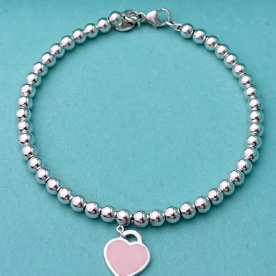 Pulsera de Cuentas con Corazón Esmalte Rosa en Plata 925