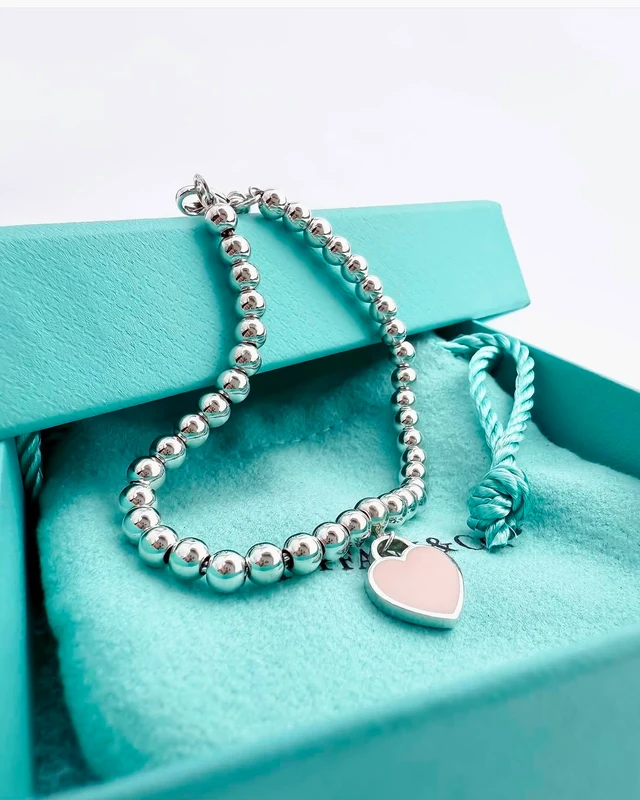 Pulsera de Cuentas con Corazón Esmalte Rosa en Plata 925
