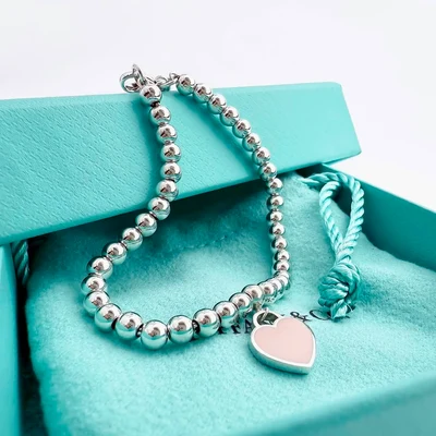 Pulsera de Cuentas con Corazón Esmalte Rosa en Plata 925