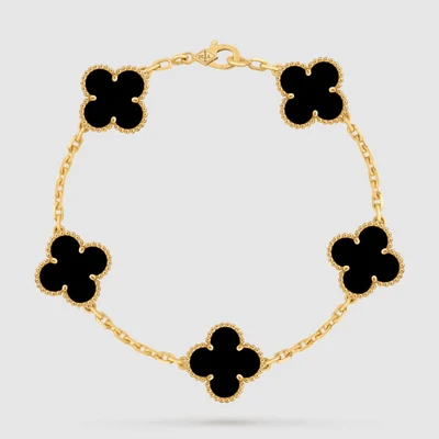 Pulsera Trébol Cinco Motivos Ónix Tono Oro Amarillo con Kit de Regalo
