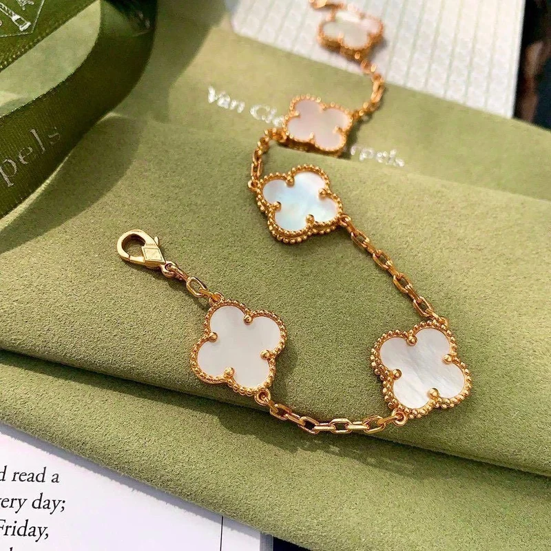 Pulsera Trébol Cinco Motivos Nácar Tono Oro Rosa con Kit de Regalo