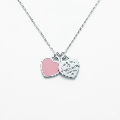 Collar Mini Corazón Doble Esmalte Rosa con Piedra en Plata 925