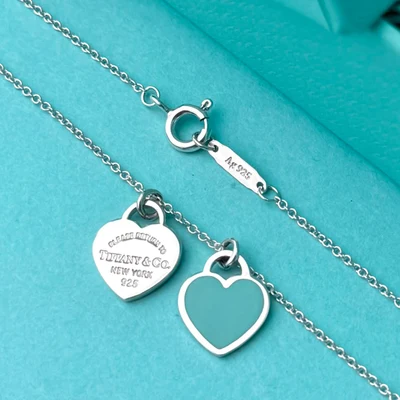 Collar Mini Doble Placa de Corazón Azul en Plata 925 con Kit de Regalo