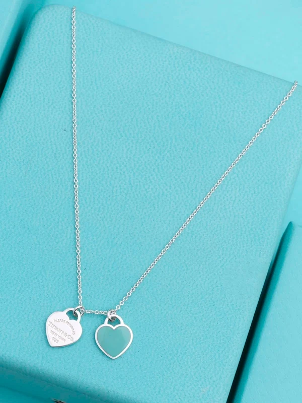 Collar Mini Doble Placa de Corazón Azul en Plata 925 con Kit de Regalo