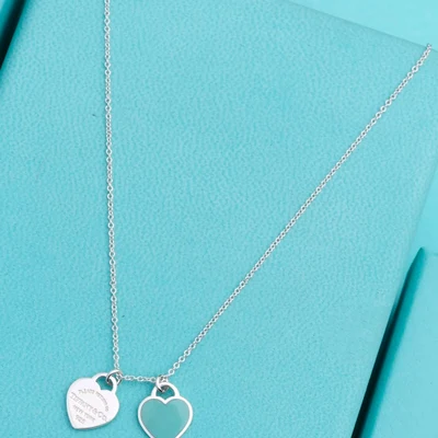 Collar Mini Doble Placa de Corazón Azul en Plata 925 con Kit de Regalo